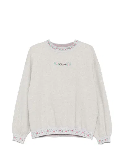 Chloé Logo-embroidered Scalloped Cotton-jersey Sweatshirt In Gray