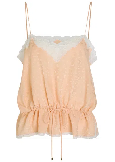 Chloé Chloe Floral-jacquard Lace-trim Silk Top In Pink