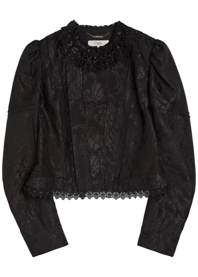 Chloé Chloe Floral-jacquard Lace-trim Woven Jacket In Black