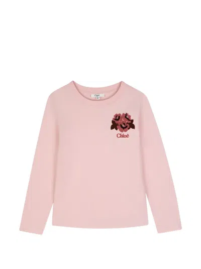 Chloé Kids' Floral-patch Long-sleeve T-shirt In Pink