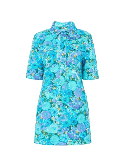Chloé Floral Cotton Twill Short-sleeve Mini Shirtdress In Blue