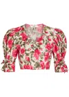 Chloé Floral Cotton Puff-sleeve Button-front Crop Top In Pink
