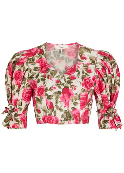 CHLOÉ CHLOE FLORAL-PRINT COTTON-POPLIN CROPPED BLOUSE