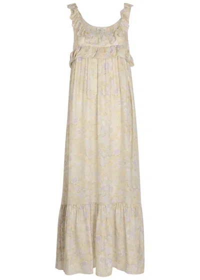 Chloé Chloe Floral-print Frill Silk Maxi Dress In Neutral