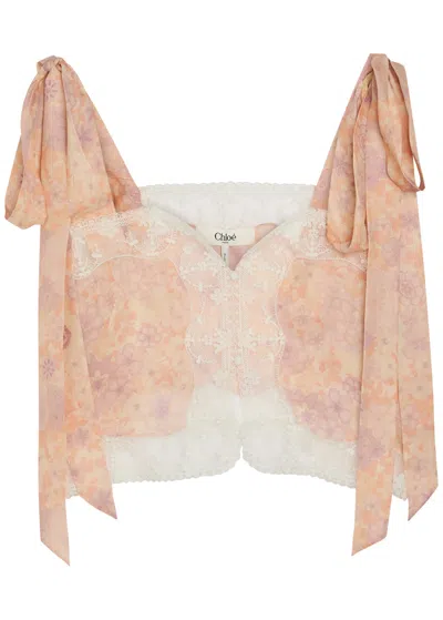 Chloé Chloe Floral-print Lace-trim Silk Top In Multi