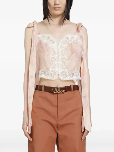 Chloé Cropped Bow-detailed Lace-trimmed Floral-print Silk-charmeuse Top In Multi
