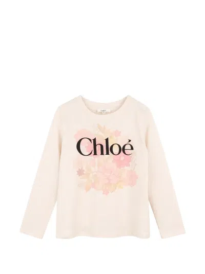Chloé Kids' Floral-print Long-sleeve T-shirt In White