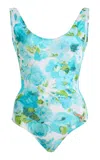 Chloé White And Blue Aqua Flower-print Lycra One-piece Swimsuit In Multi