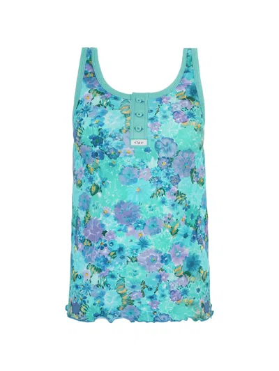 Chloé Floral-print Ribbed-knit Top In Blue