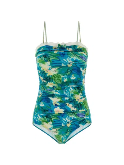 Chloé Floral-print Ruched Swimsuit In Green