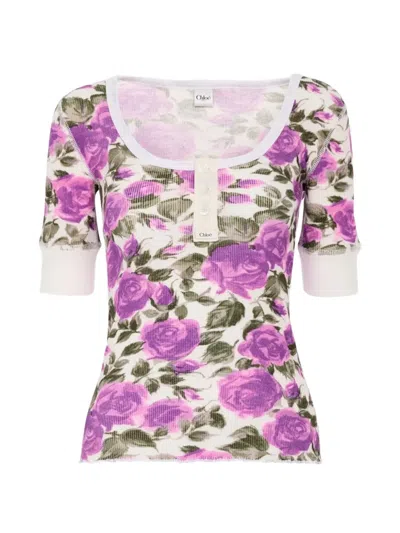 Chloé Floral-print Ribbed Stretch-cotton Jersey T-shirt In Multi