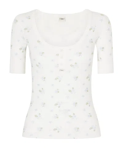 Chloé Floral-print Waffle-knit Cotton-jersey T-shirt In White