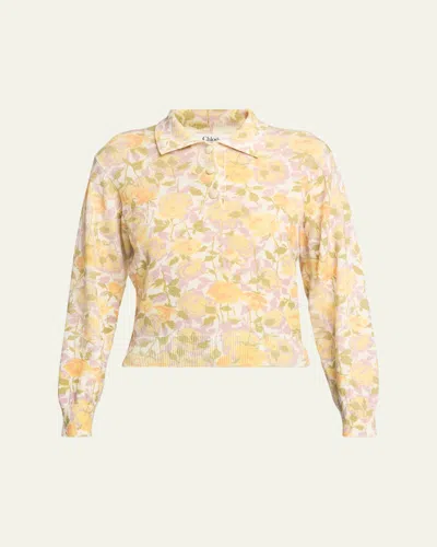 Chloé Floral-print Wool Knit Polo Sweater In Brown