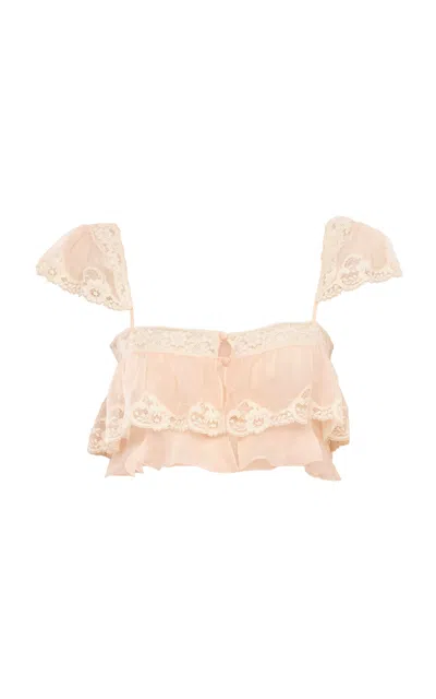 Chloé Flou Lace-trimmed Organic Silk Mousseline Crop Top In Pink