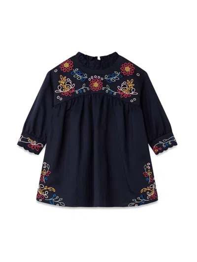 Chloé Kids' Flower Embroidery Dress In Blue