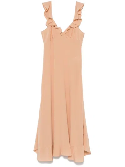 Chloé Flowing Silk Maxi Dress With Ruffled Details In Beige