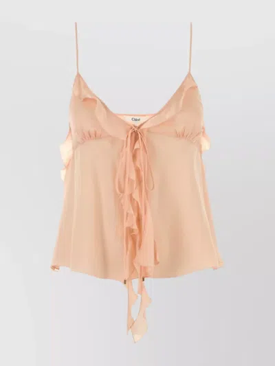 Chloé Flowy Silk Top With Ruffle And Tie In Yellow