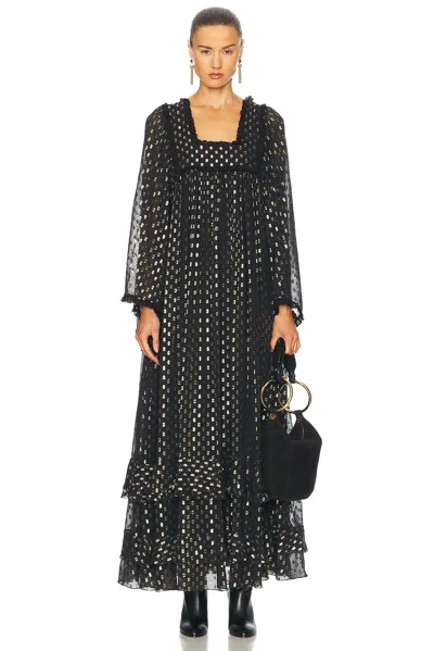 Chloé Maxi Dress Silk Ruffles Scoop Neckline In Black