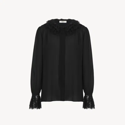 Chloé Fluid Blouse In Silk Georgette & Lace Black Size 8 100% Silk, Pinctada Maxima, Farmed, Coo Australia