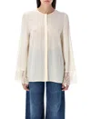 Chloé Button Down Crepe De Chine Top With Lace Sleeves In Cocunt Milk