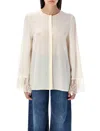 Chloé Button Down Crepe De Chine Top With Lace Sleeves In Cocunt Milk