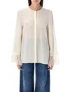 Chloé Button Down Crepe De Chine Top With Lace Sleeves In White