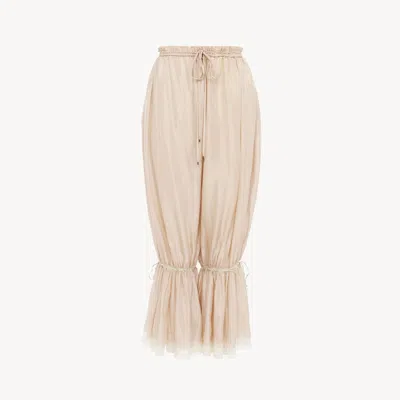 CHLOÉ PANTALON COURT FLUIDE EN PONGÉ DE SOIE LAVÉE ET DENTELLE FEMME ROSE TAILLE 36 100% SOIE