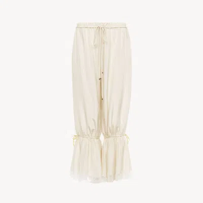 CHLOÉ FLUID CROPPED TROUSERS IN WASHED SILK PONGÉ & LACE WHITE SIZE 10 100% SILK