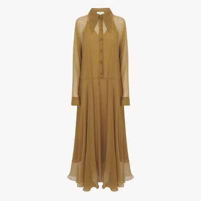 Chloé Pleated Organic Silk-mousseline Midi Shirt Dress In Brown