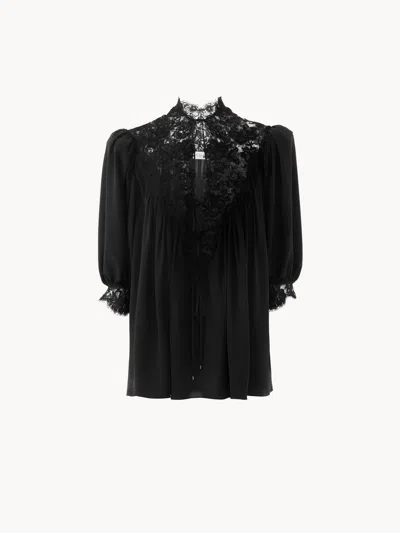 Chloé Fluid Puff-sleeve Top In Crêpe De Chine & Lace In Black