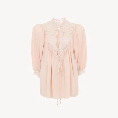 CHLOÉ FLUID PUFF-SLEEVE TOP IN CRÊPE DE CHINE & LACE