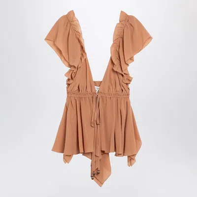 Chloé Fluid Silk Ruffle Top In Brown