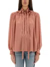 Chloé Floral Jacquard Tie-neck Ruffle Blouse In Pink