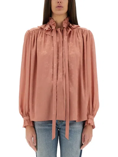 Chloé Fluid Silk Jacquard Blouse - Size 38 In Brown