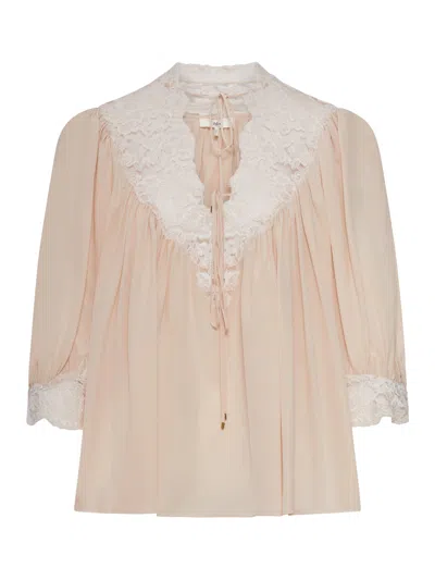 Chloé Fluid Top With Puffed Sleeves In Crepe De Chine And Lace In Pink