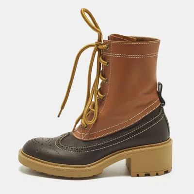 Pre-owned Chloé Franne Size 37 Two Tone Leather Combat Boots In Brown