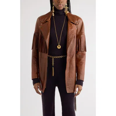 Chloé Fringed Belted Leather Jacket In Clay Brown