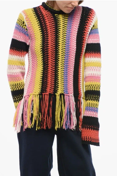 Chloé Fringed Bottom Crochet Sweater With Multicolor Motif In Neutral