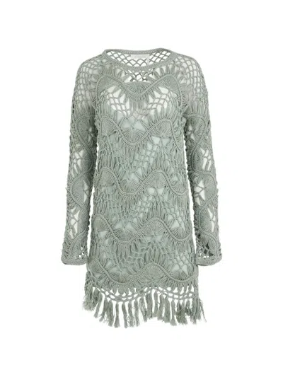 Chloé Fringed Crochet-knit Mini Dress In Green