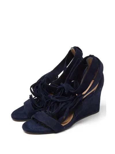Pre-owned Chloé Fringed-trim Cross-strap Wedge Sandals In Blue