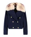 Chloé Crop Double Breasted Coat With Genuine Shearling Collar In Blue