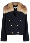 Chloé Crop Double Breasted Coat With Genuine Shearling Collar In Navy