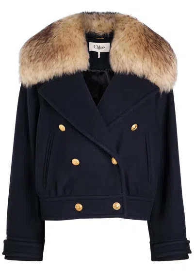 Chloé Chloe Fur-embellished Wool-bend Coat In Navy