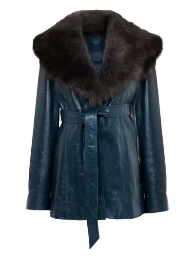 Chloé Belted Shearling-trimmed Paneled Textured-leather Jacket In Blue