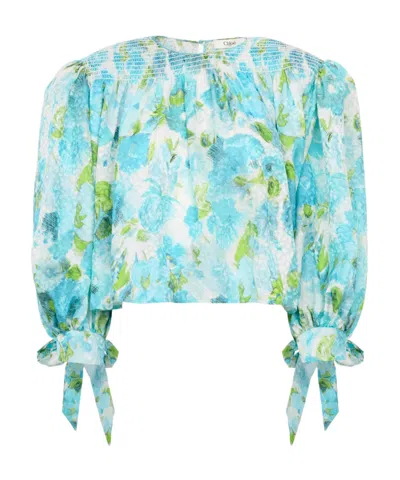 Chloé Cropped Smocked Floral-print Silk-jacquard Blouse In Blue