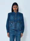 Chloé Blue Jacket With High Neck And Chain Detail On The Front In Denim Woman In Blue