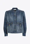 Chloé Blue Jacket With High Neck And Chain Detail On The Front In Denim Woman In Blue