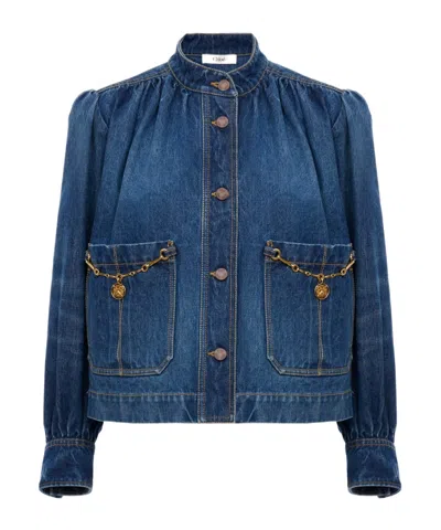 Chloé Blue Jacket With High Neck And Chain Detail On The Front In Denim Woman
