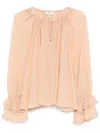 Chloé Pleated Sheer Blouse Ruffled Cuffs In Neutrals