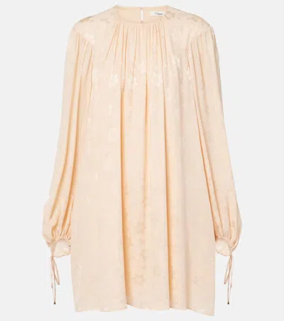 Chloé Chloe Gathered Floral Silk Jacquard Minidress In Beige